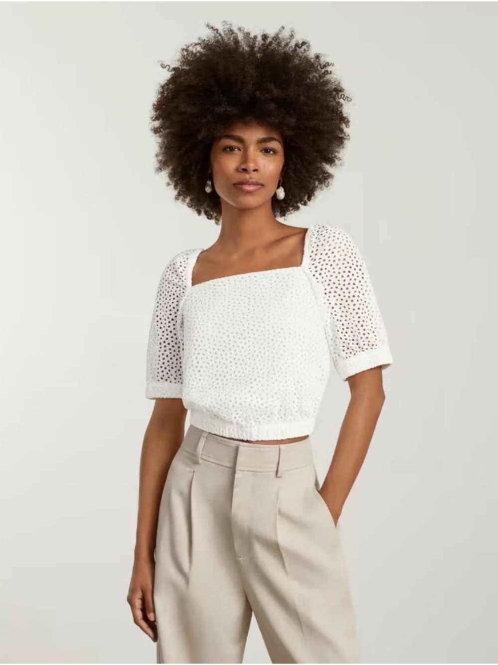 Everlane White Eyelet Square-Neck Crop Top XS Puff Sleeve